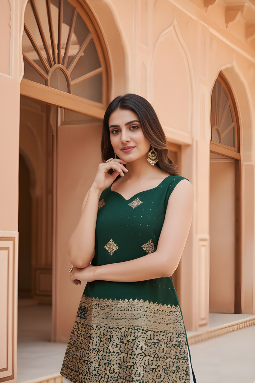 Woman Sleeveless with Green Golden Zari Work top