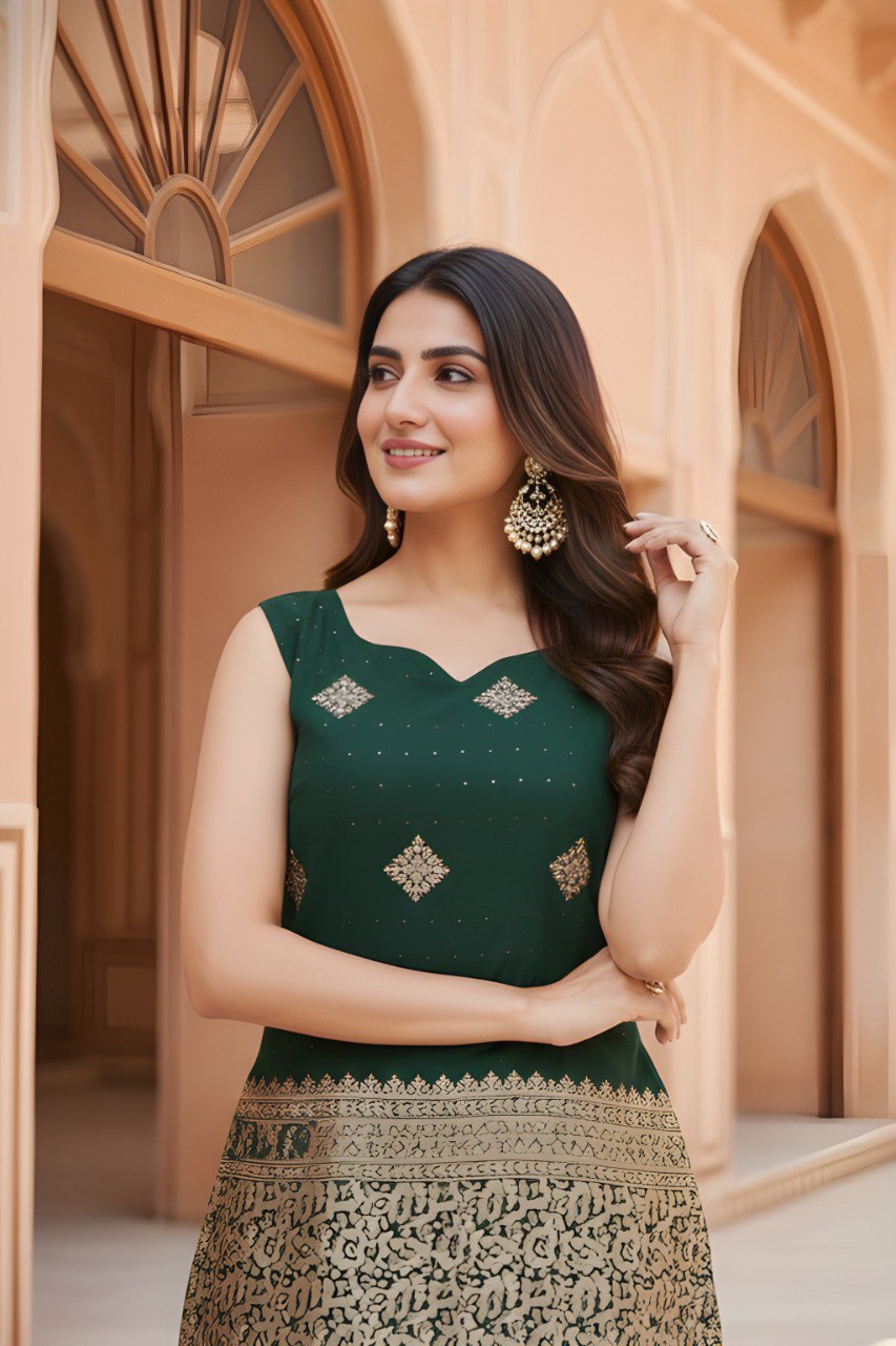 Woman Sleeveless with Green Golden Zari Work top