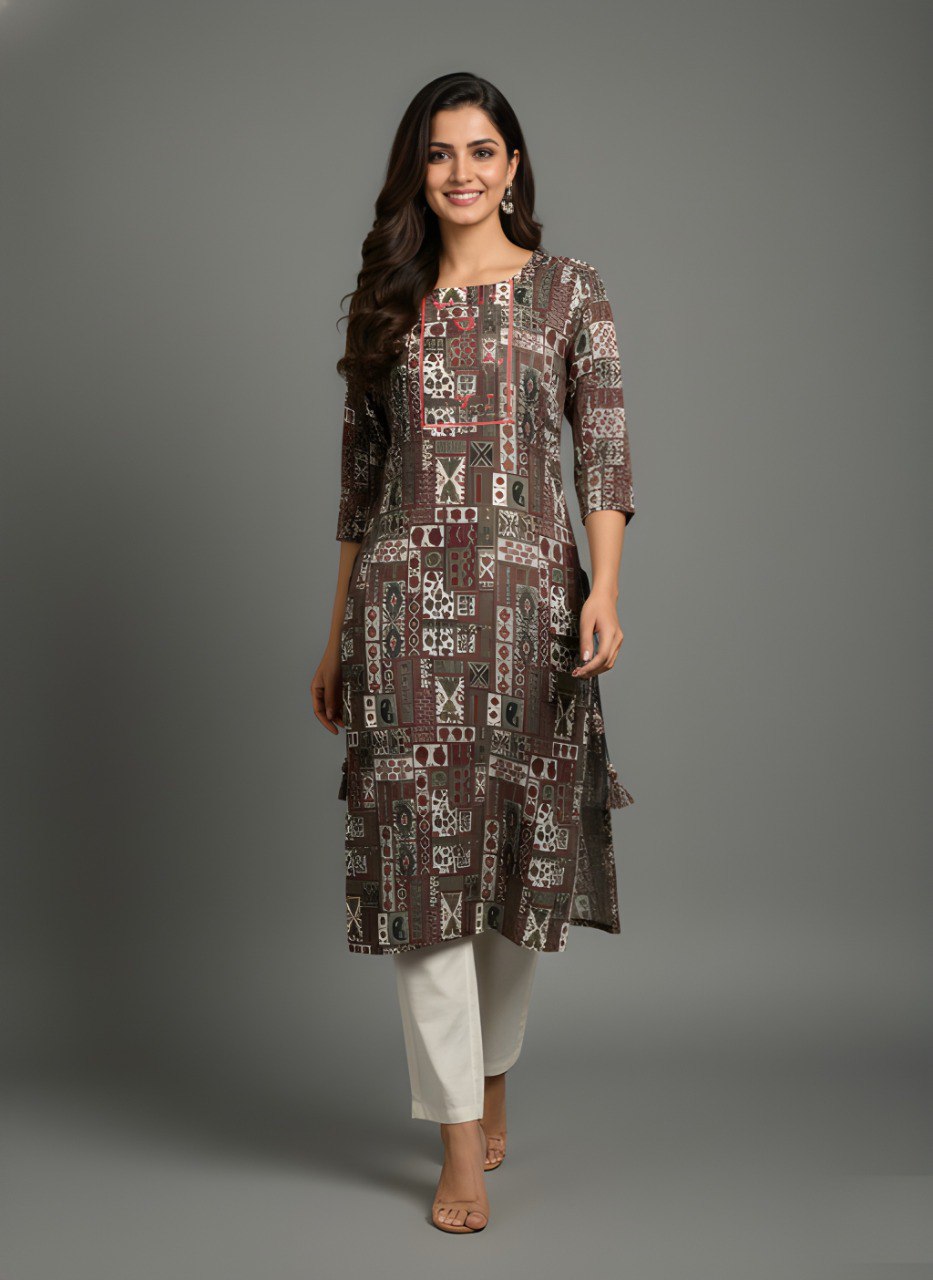 Women’s Brown Printed Straight Kurti