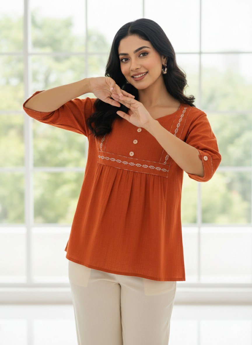 Woman Rust Orange embroidery fancy top