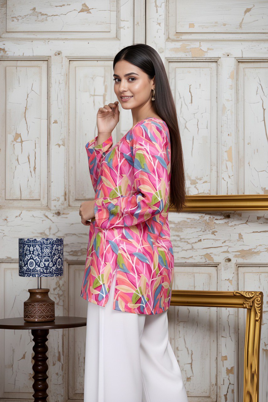 Woman Pink Print Cotton Blend Tunic & Top