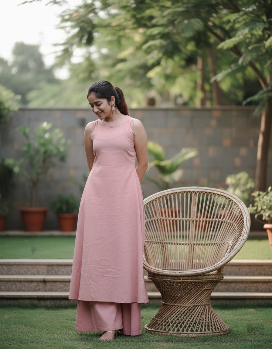 Peach soft Cotton Solid Kurta Palazzo set