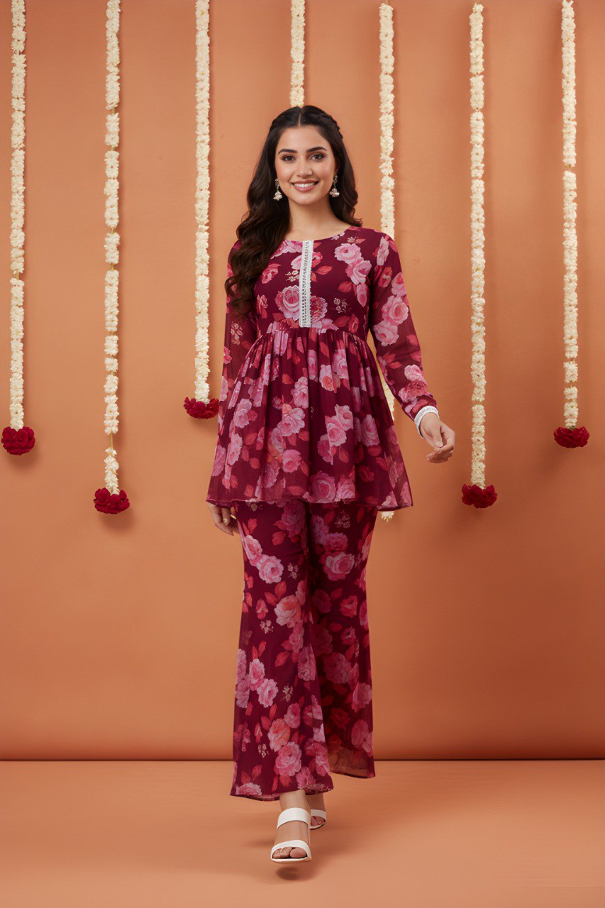 Maroon printed kurta with sharara