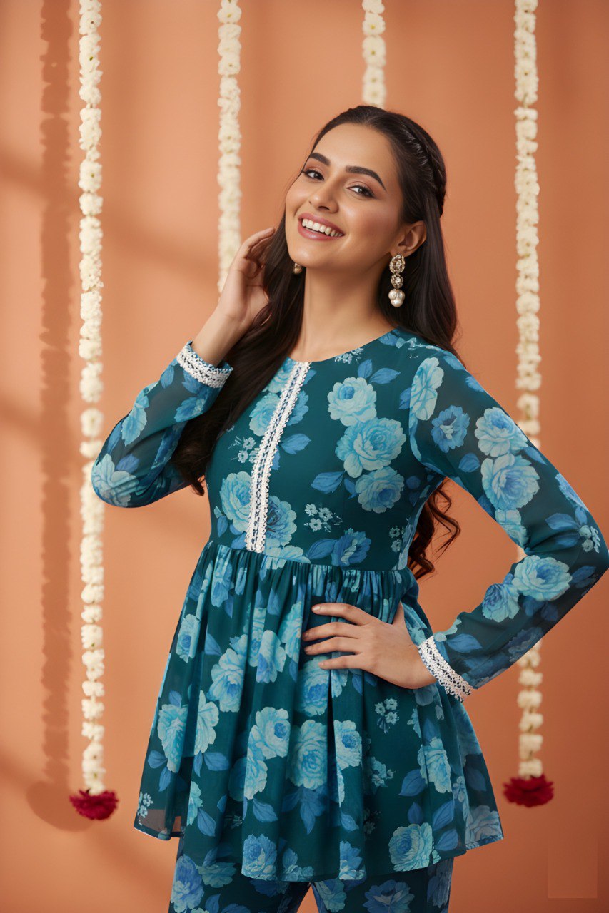 Blue printed kurta with sharara