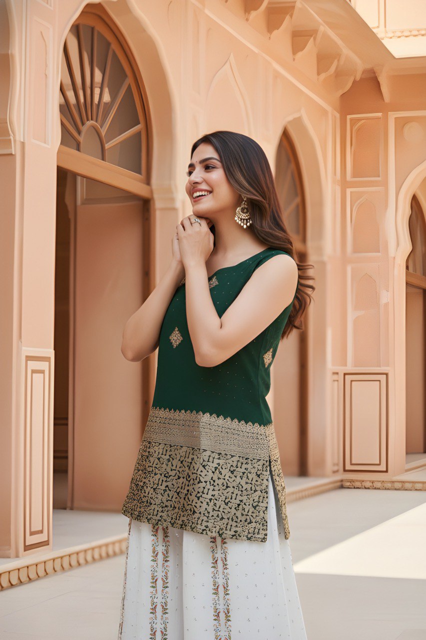 Woman Sleeveless with Green Golden Zari Work top