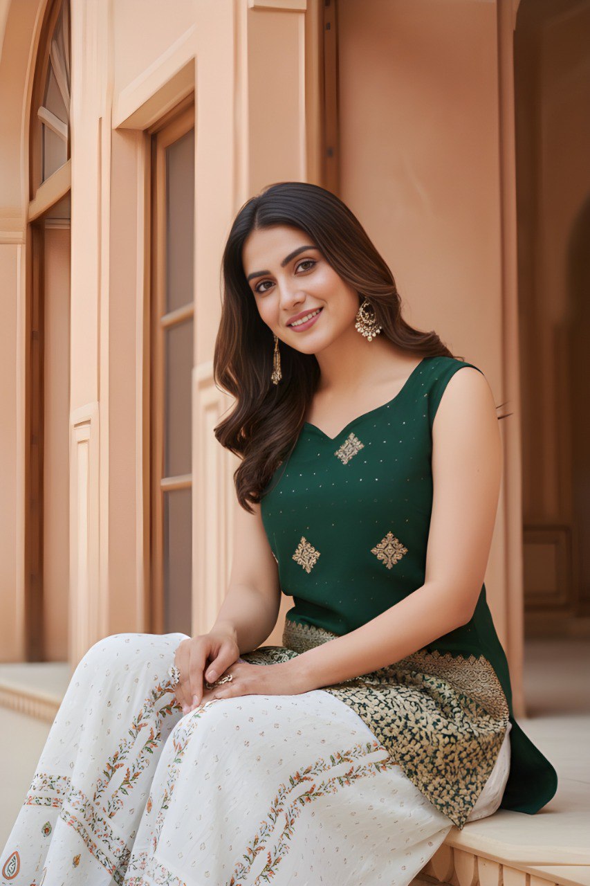 Woman Sleeveless with Green Golden Zari Work top
