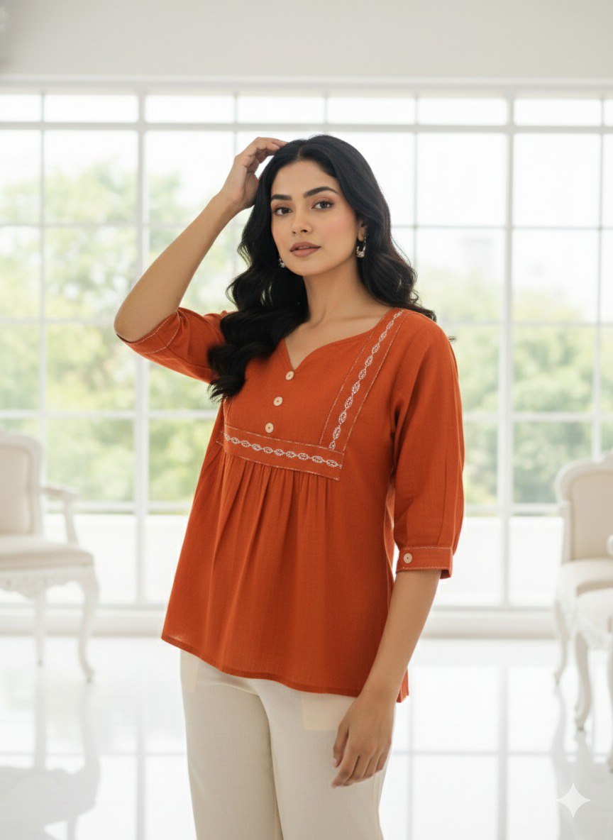 Woman Rust Orange embroidery fancy top