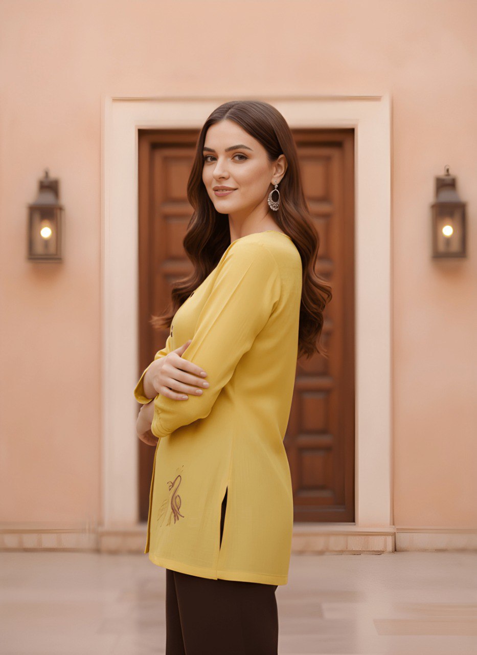 Woman mustard yellow embroidery fancy top