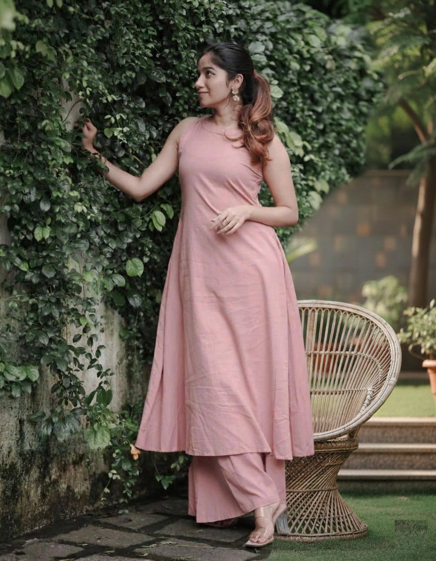 Peach soft Cotton Solid Kurta Palazzo set
