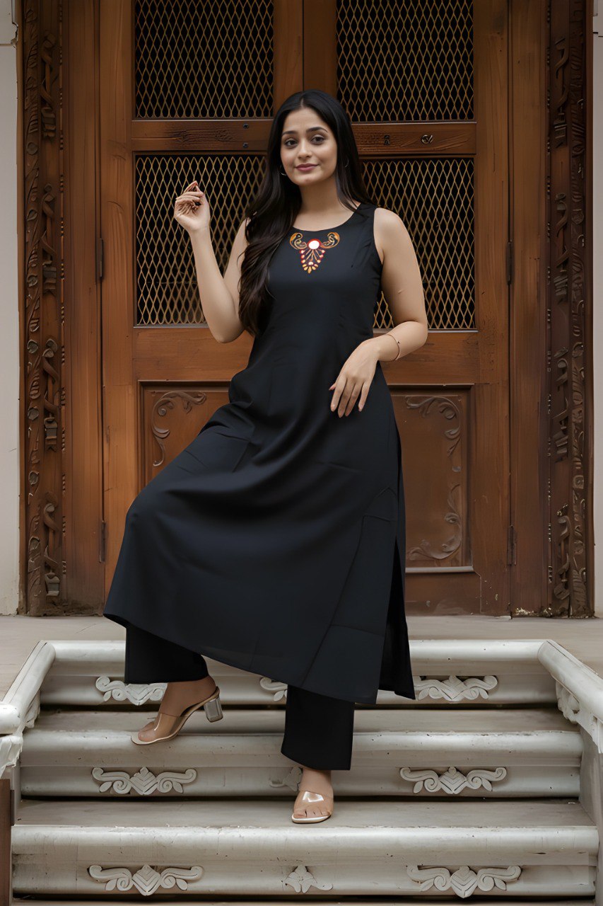 Black soft Cotton Solid Kurta Palazzo set