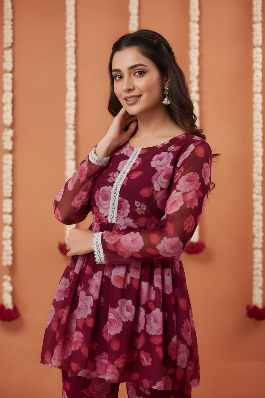 Maroon printed kurta with sharara