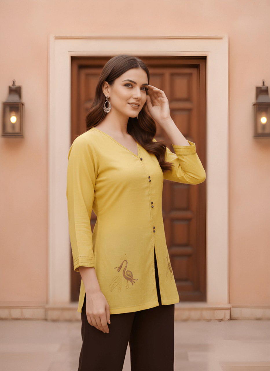 Woman mustard yellow embroidery fancy top