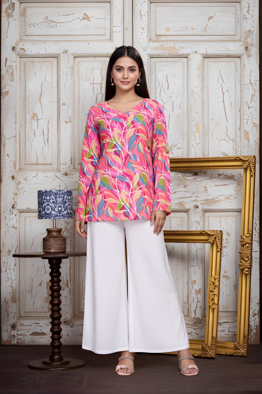 Woman Pink Print Cotton Blend Tunic & Top
