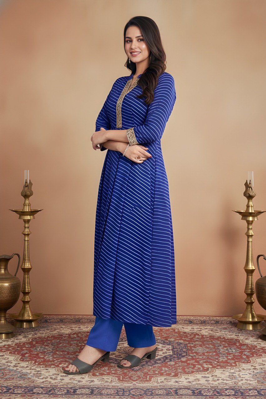 Blue Leheriya Printed Georgette Kurta and pant