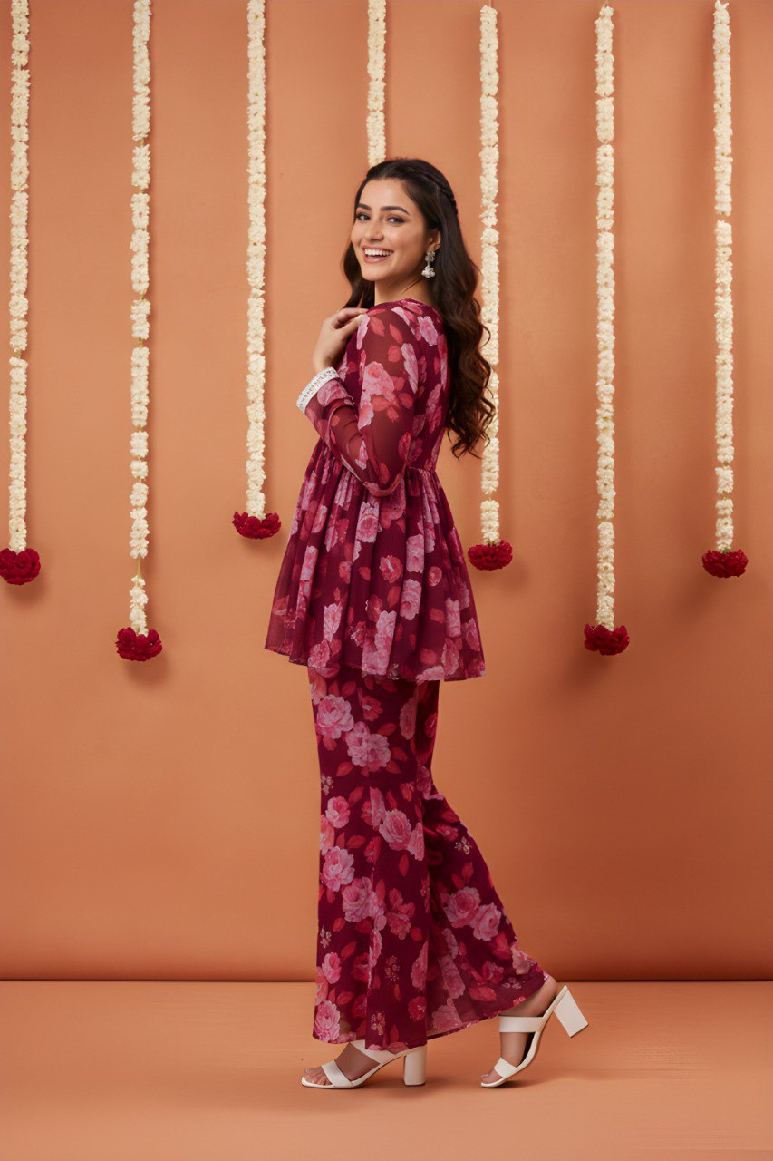 Maroon printed kurta with sharara
