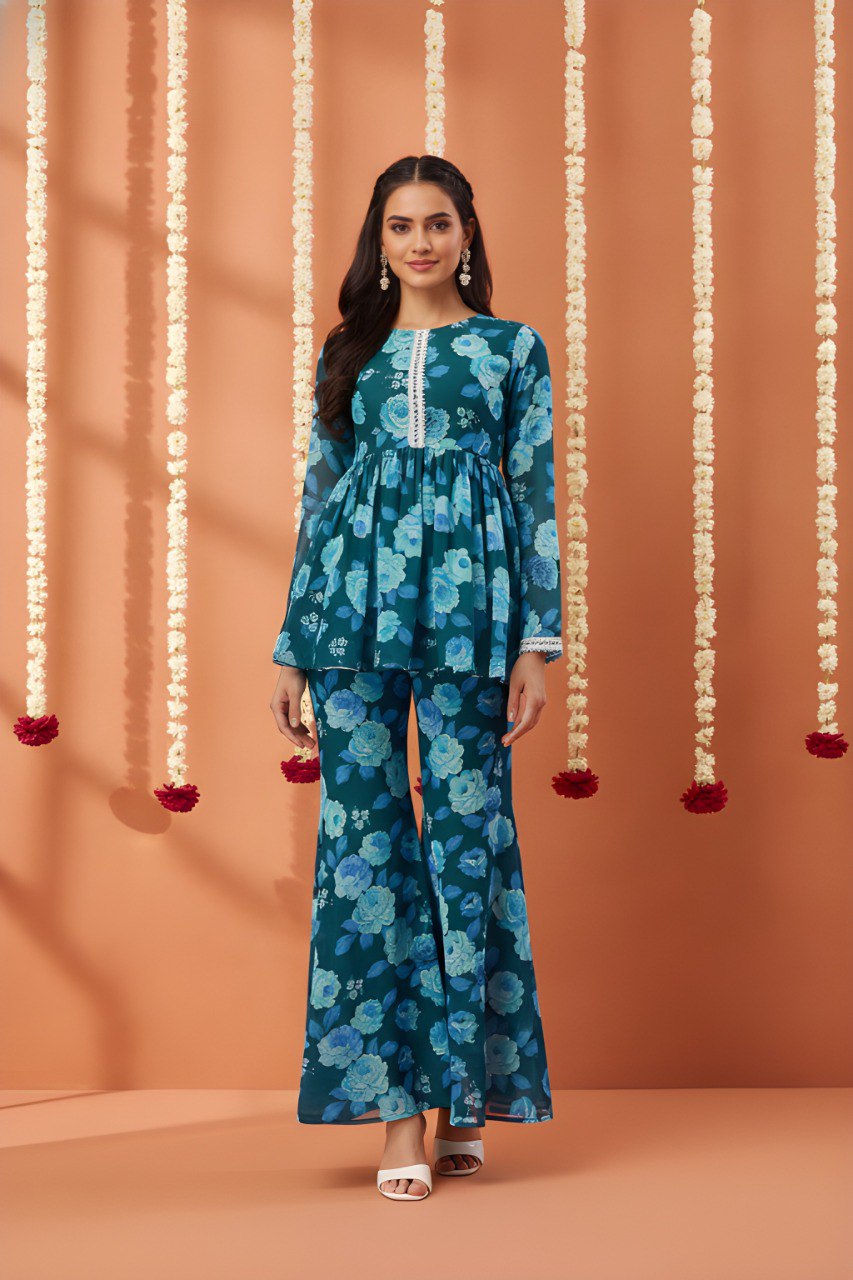 Blue printed kurta with sharara