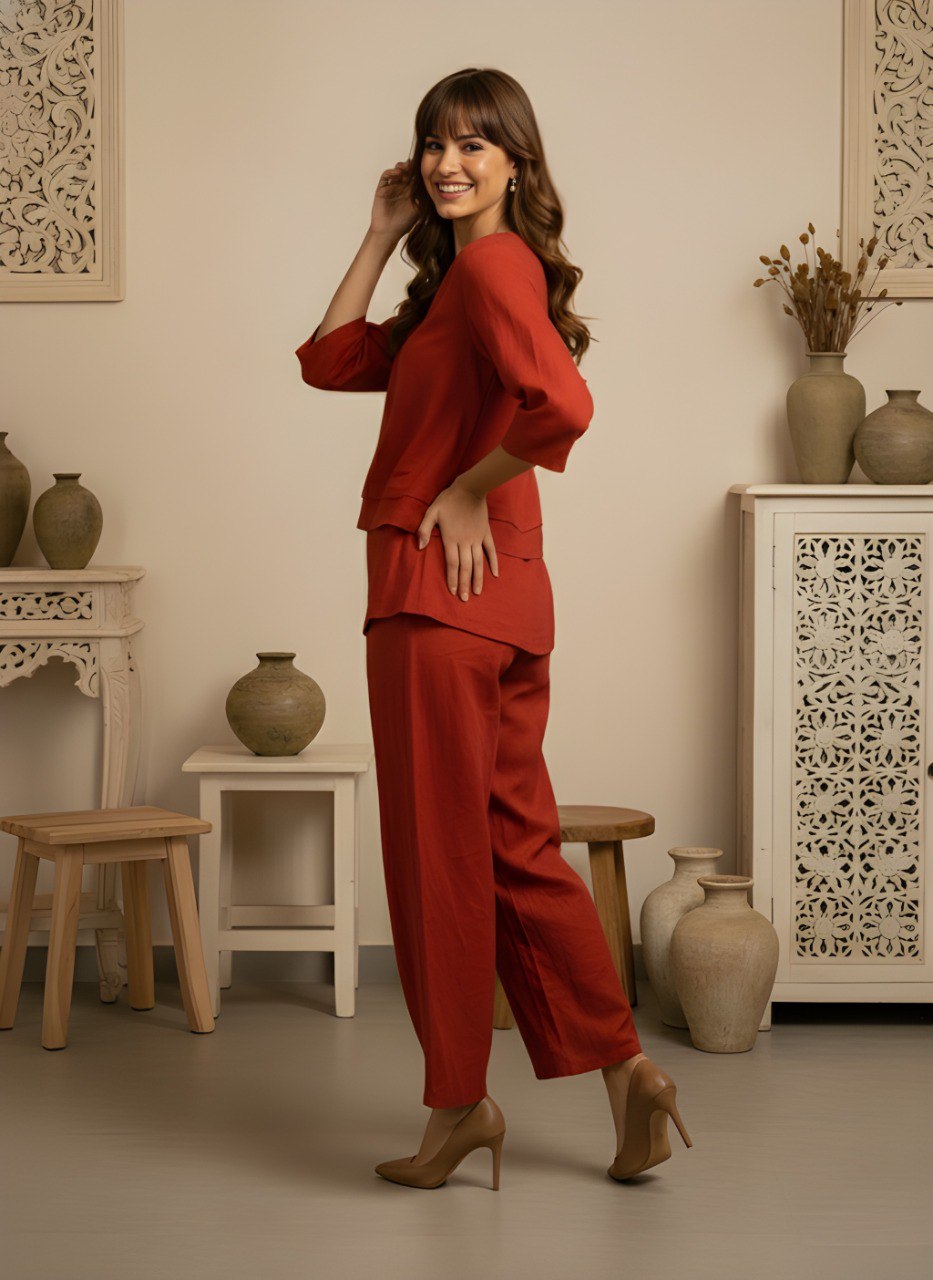 Woman Rust Orange Slub cotton co-ord set