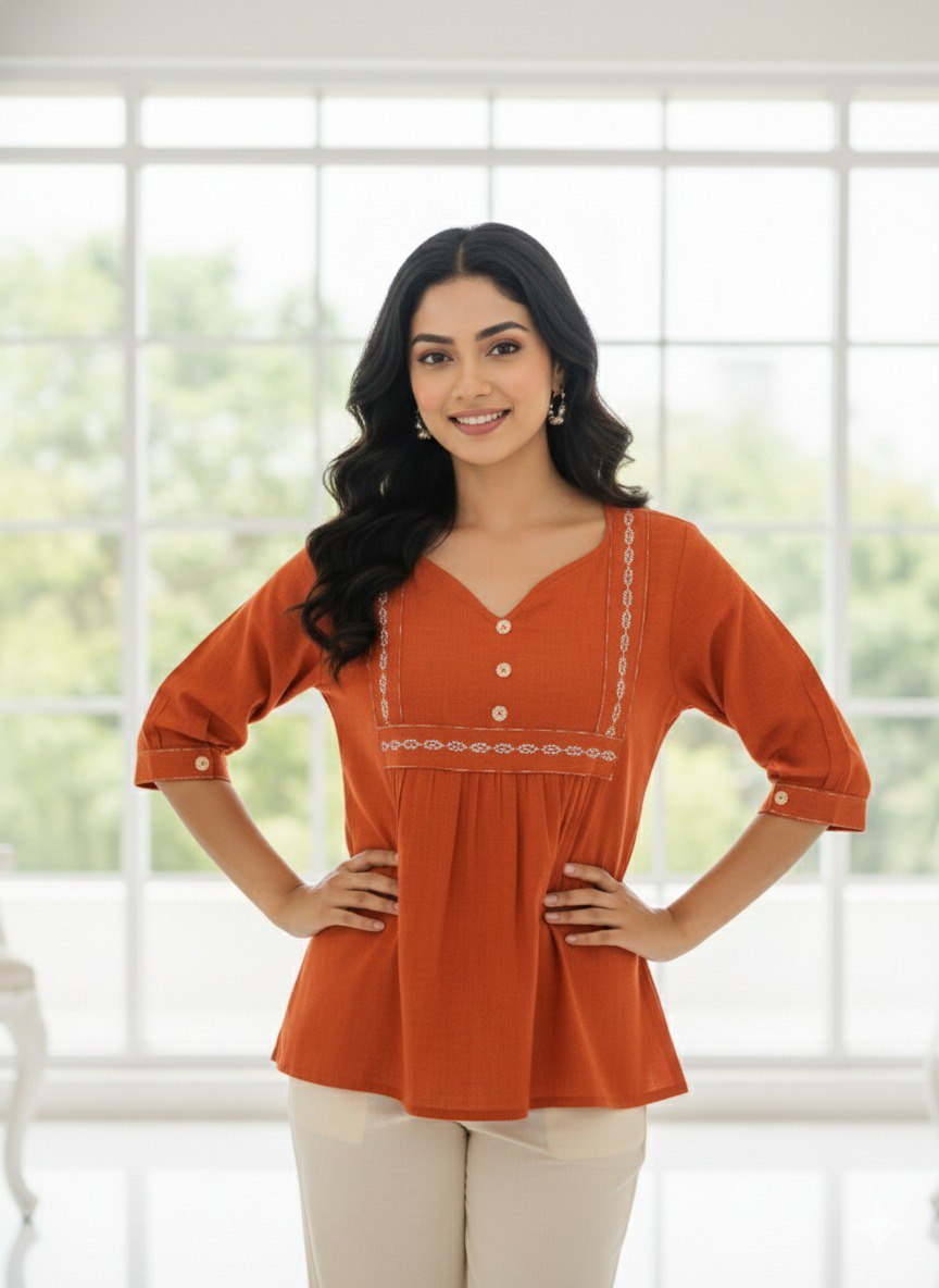 Woman Rust Orange embroidery fancy top