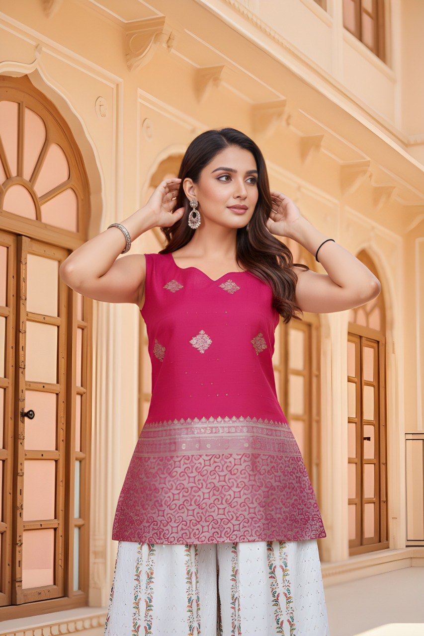 Woman Sleeveless with Pink Golden Zari Work top