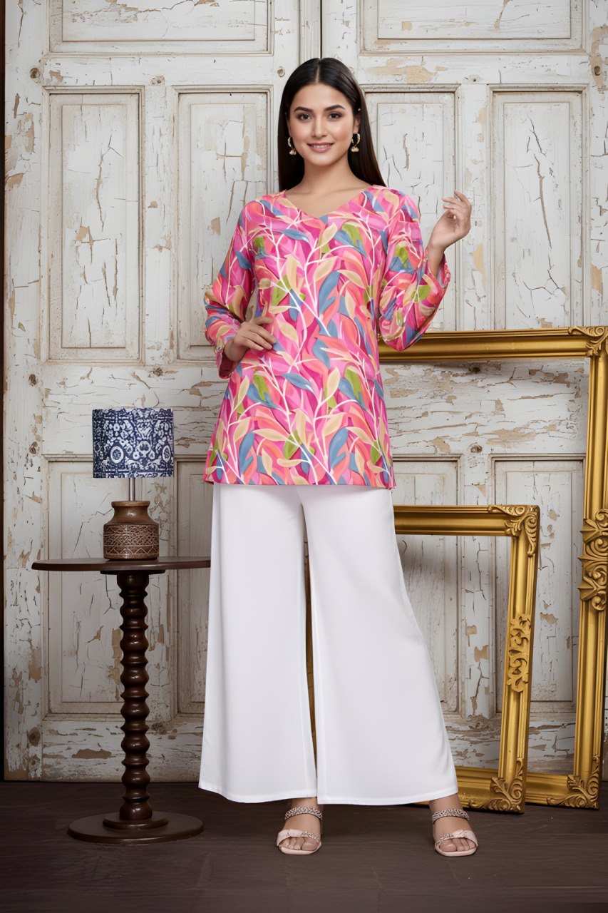 Woman Pink Print Cotton Blend Tunic & Top