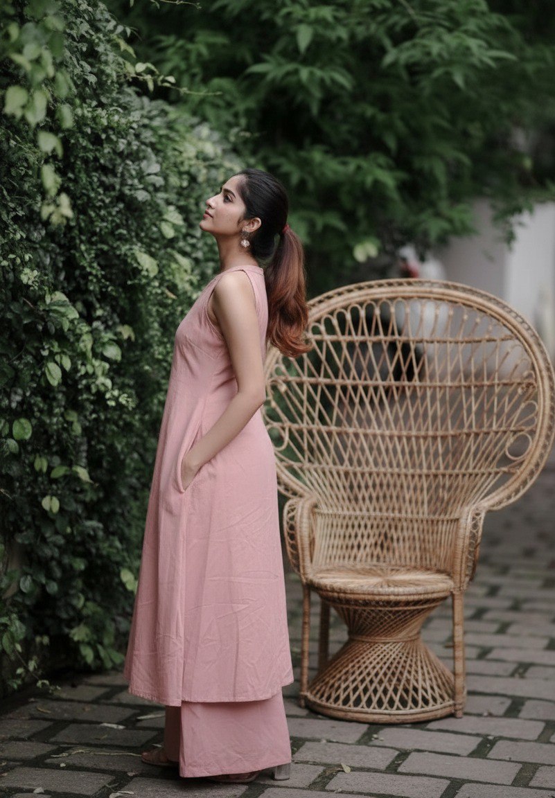 Peach soft Cotton Solid Kurta Palazzo set