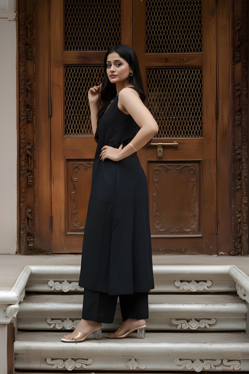 Black soft Cotton Solid Kurta Palazzo set