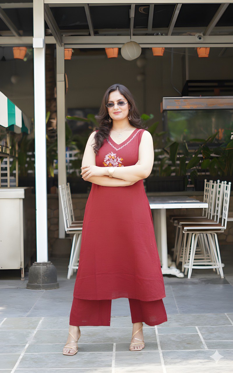 Red soft Cotton Solid Kurta Palazzo set