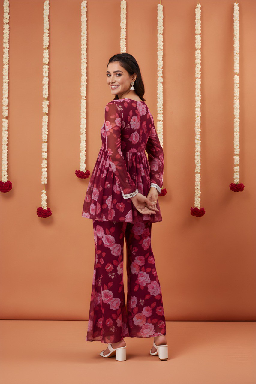 Maroon printed kurta with sharara