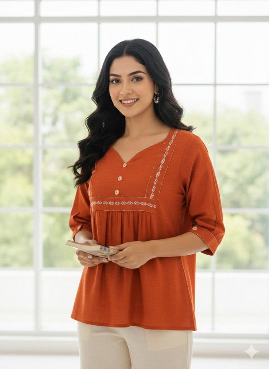Woman Rust Orange embroidery fancy top