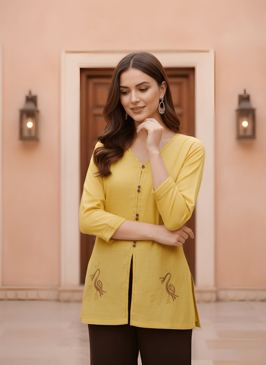 Woman mustard yellow embroidery fancy top