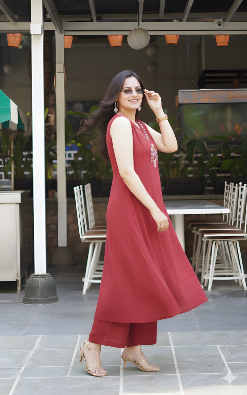 Red soft Cotton Solid Kurta Palazzo set