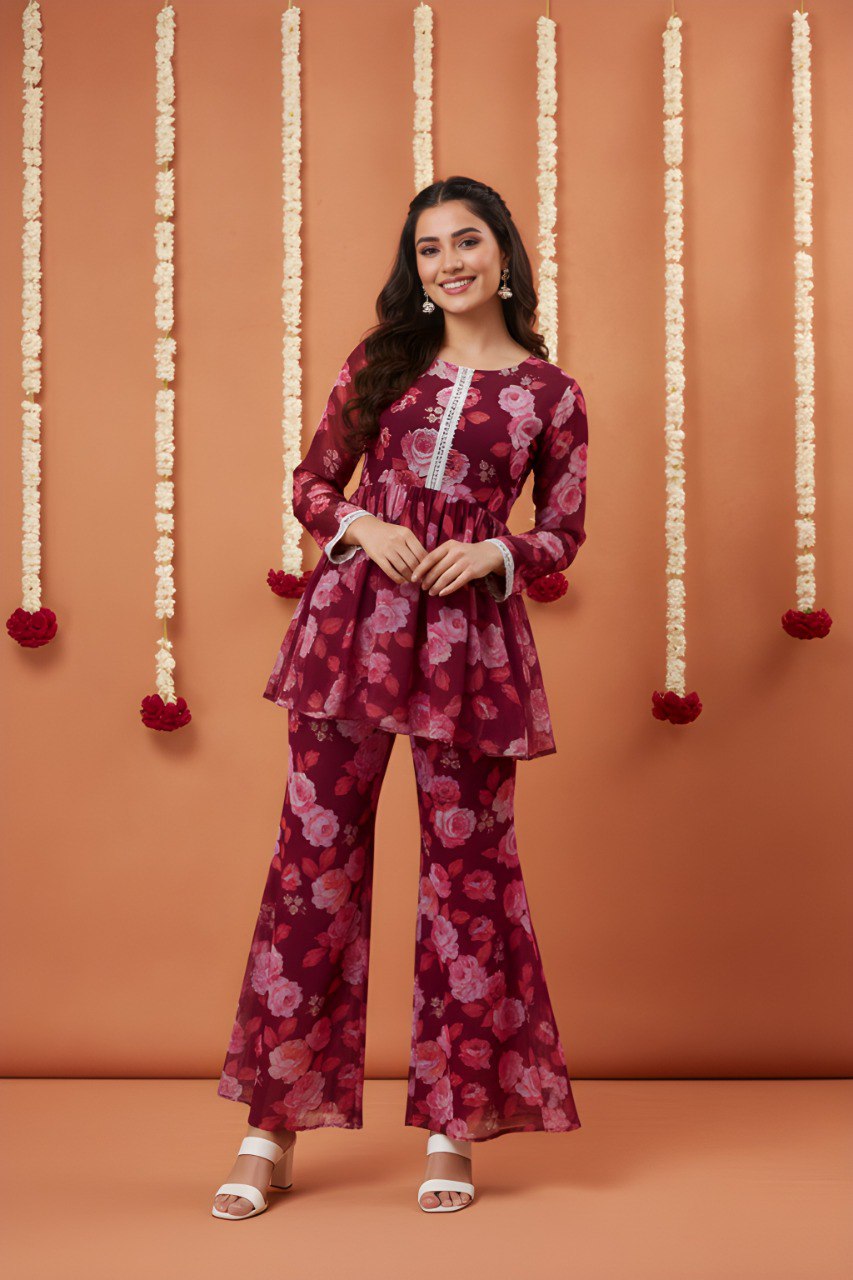 Maroon printed kurta with sharara