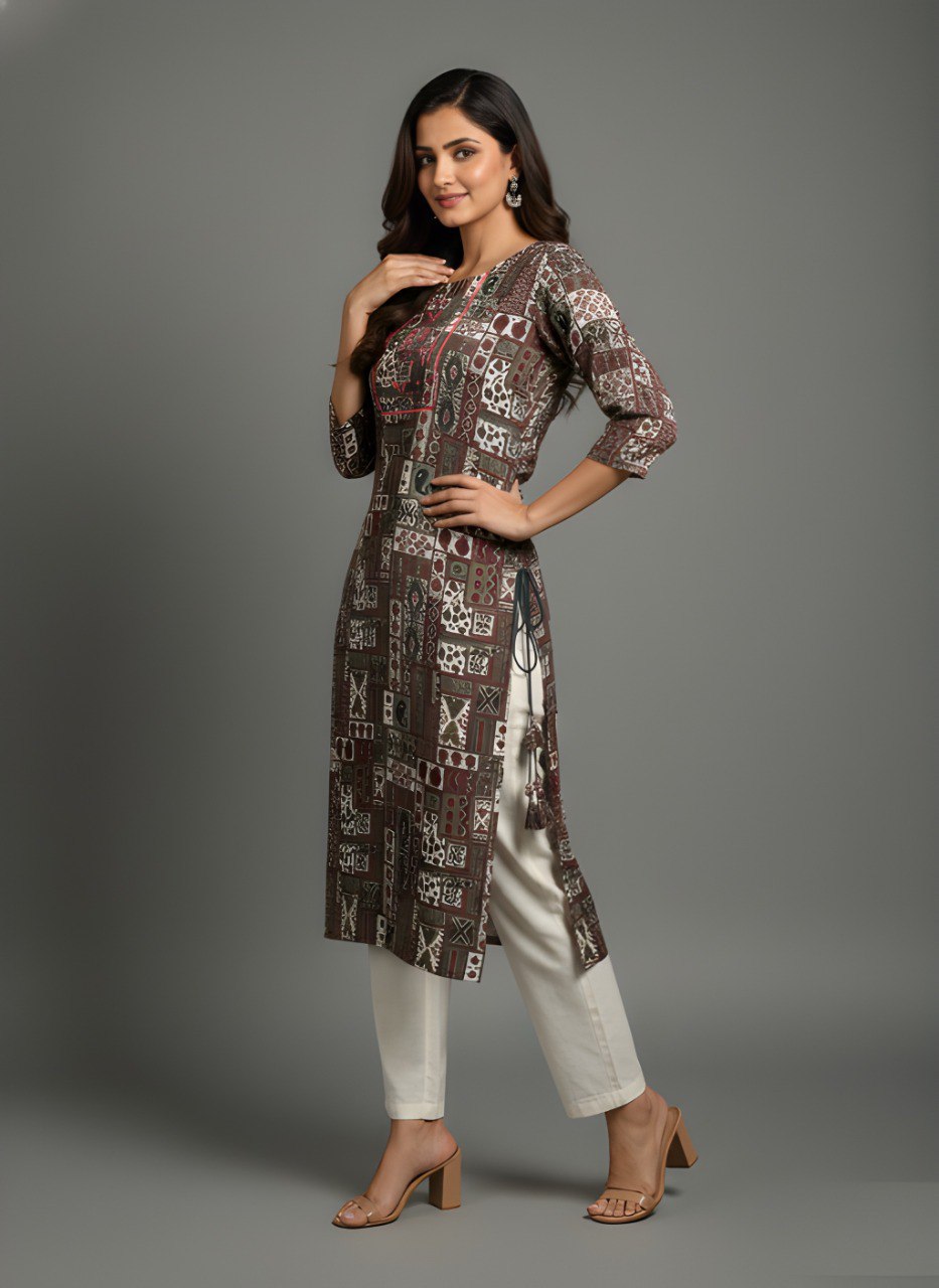 Women’s Brown Printed Straight Kurti
