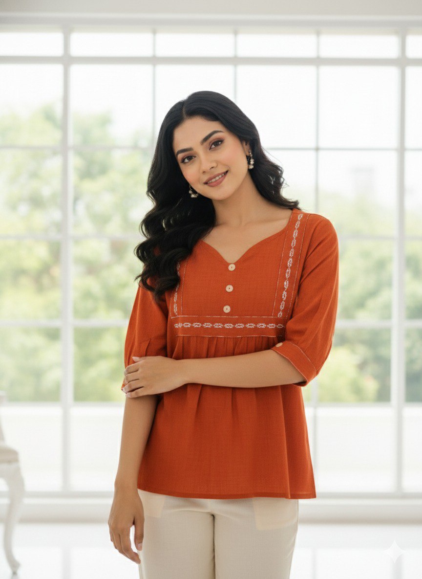 Woman Rust Orange embroidery fancy top