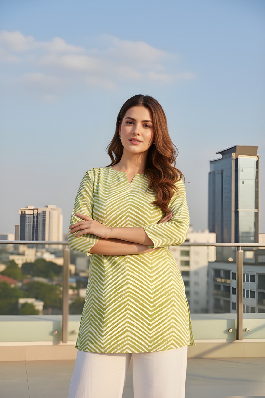 Women's light green Chevron Print Cotton Blend Tunic