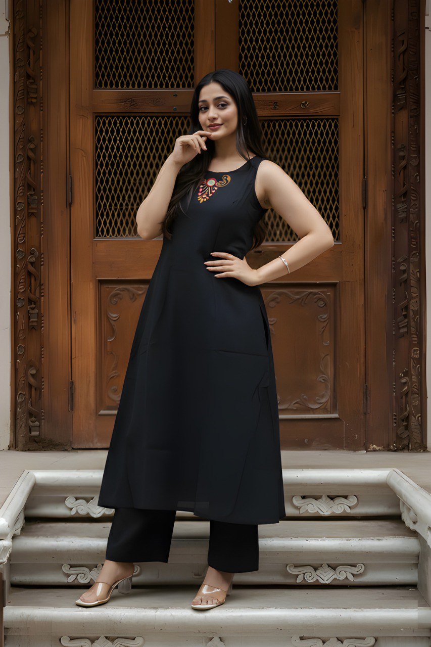 Black soft Cotton Solid Kurta Palazzo set