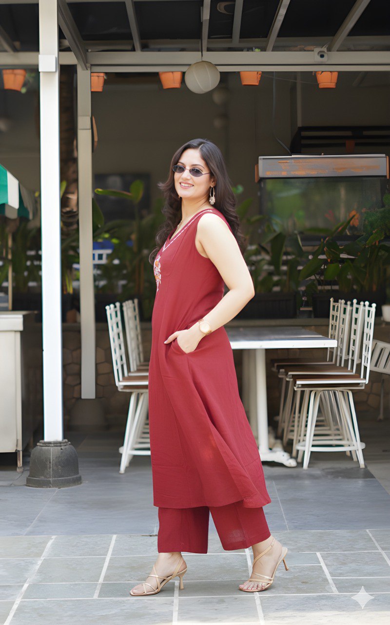 Red soft Cotton Solid Kurta Palazzo set