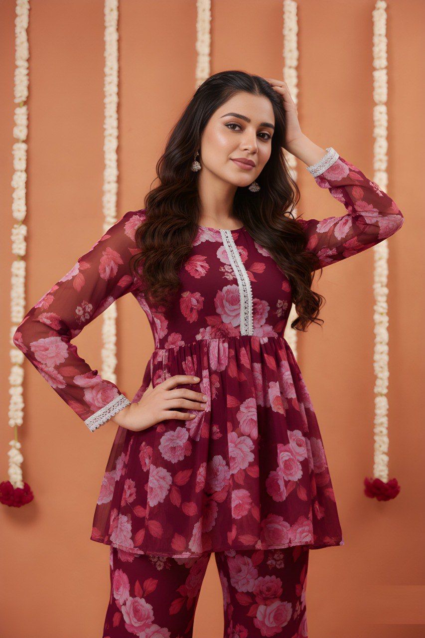 Maroon printed kurta with sharara