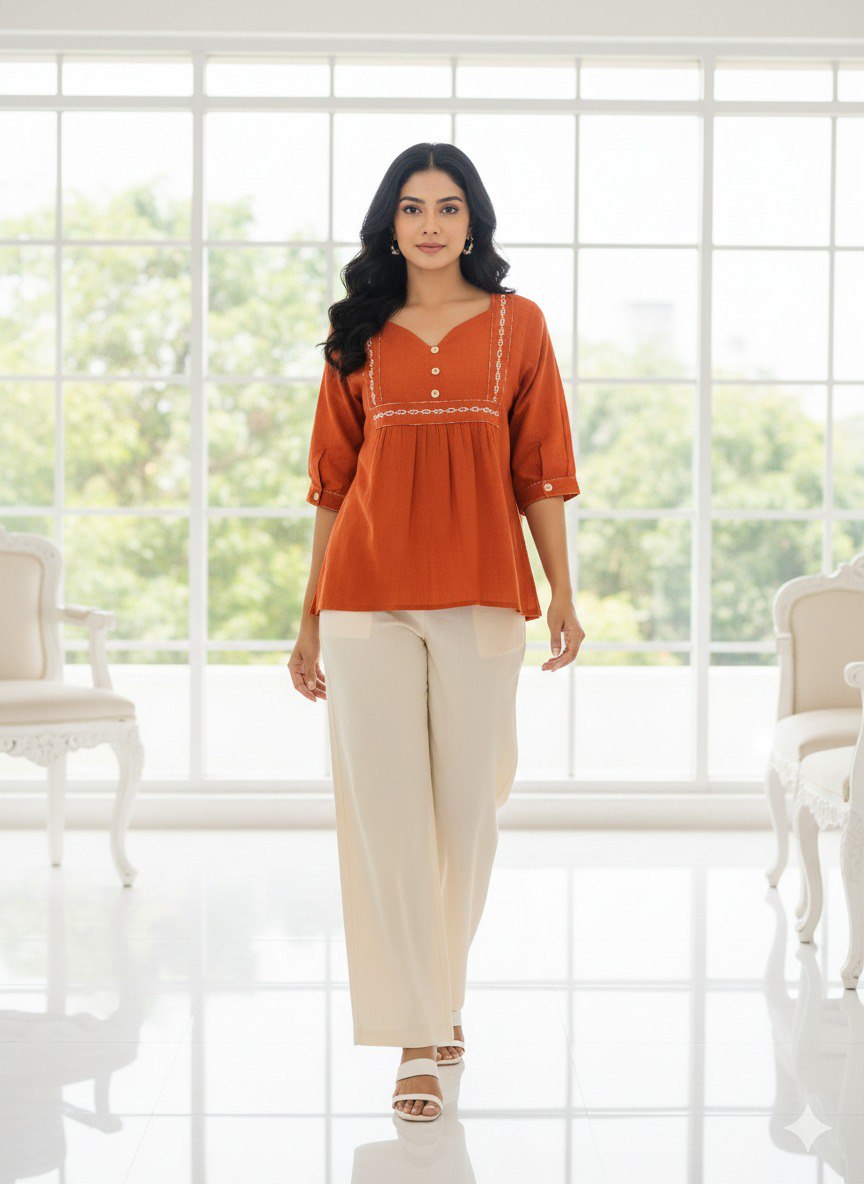 Woman Rust Orange embroidery fancy top