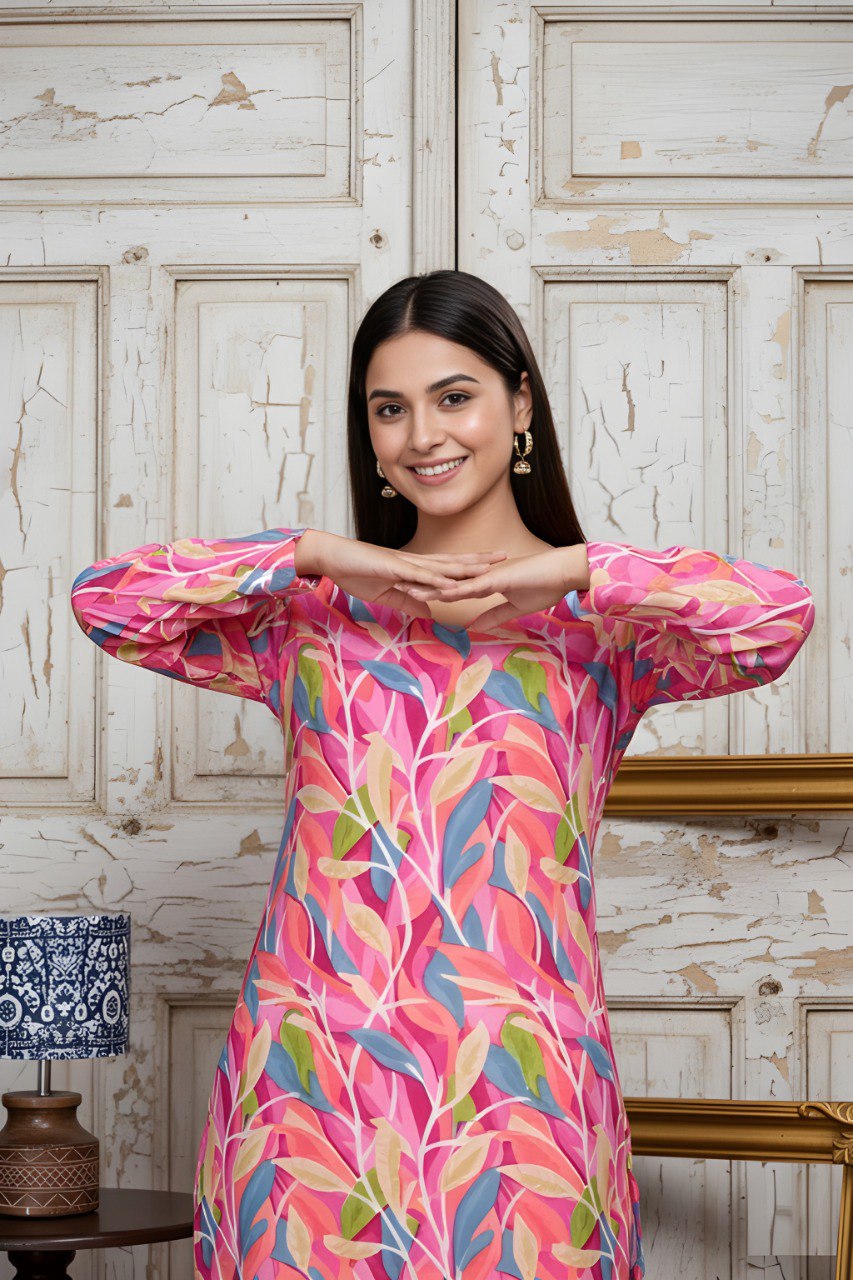 Woman Pink Print Cotton Blend Tunic & Top