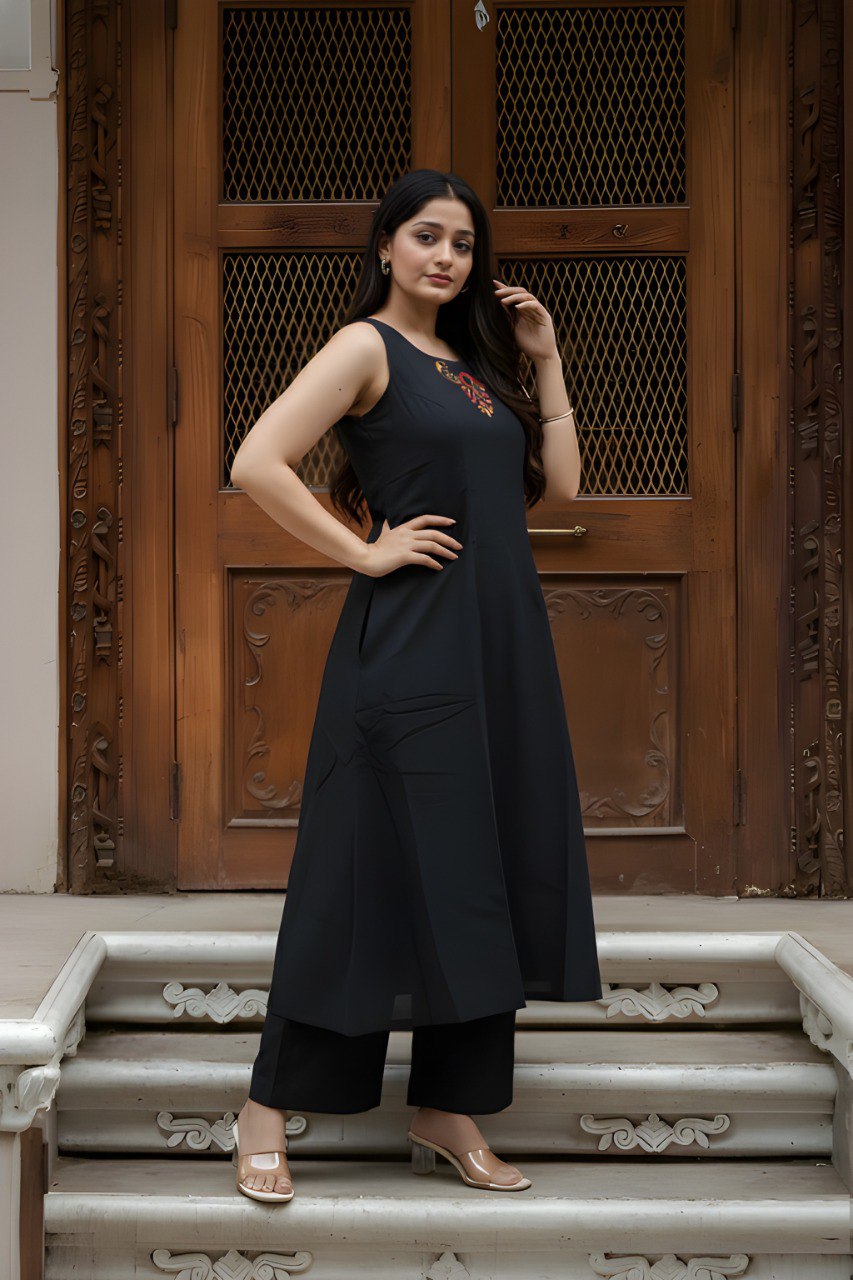 Black soft Cotton Solid Kurta Palazzo set