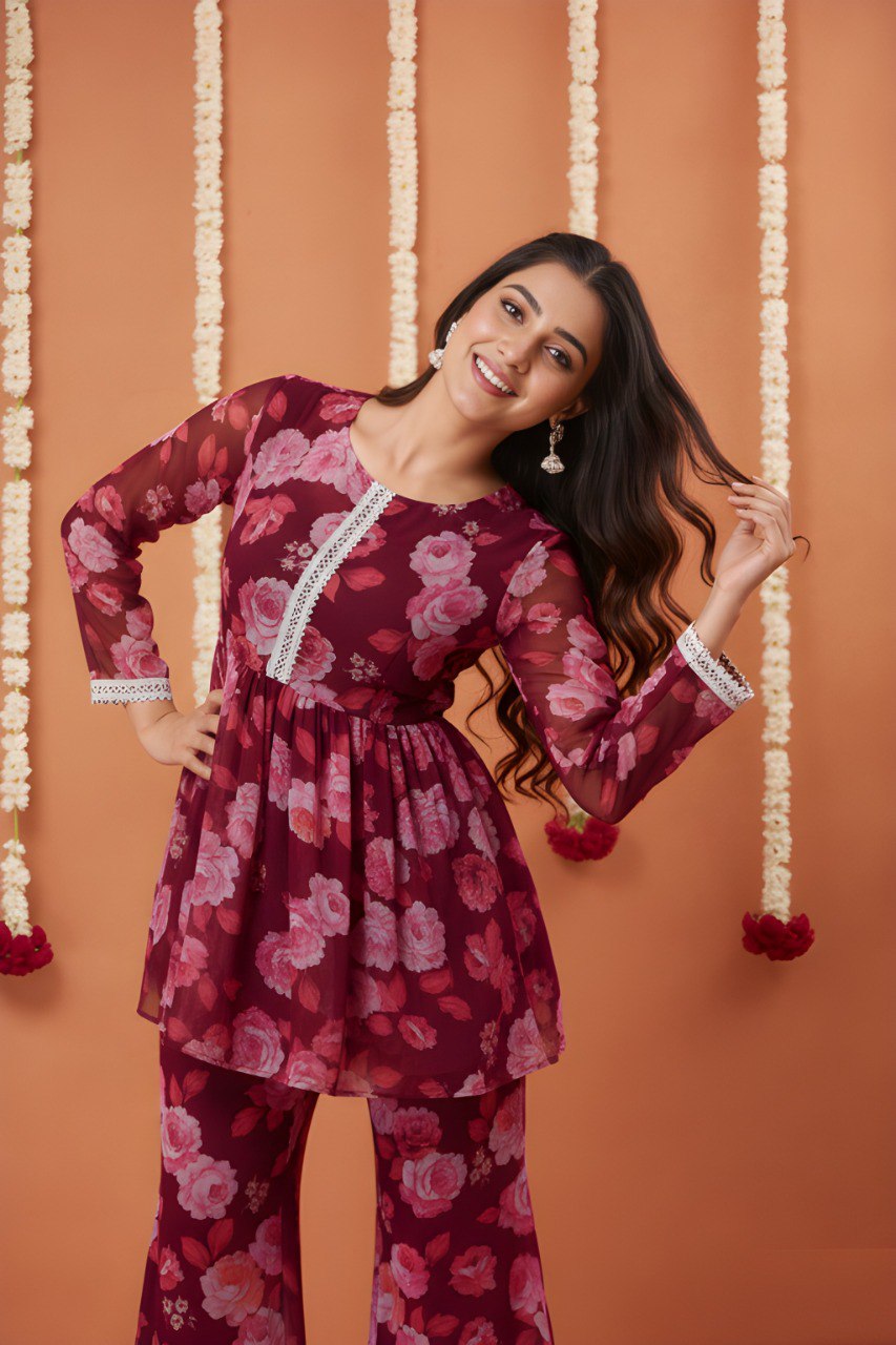 Maroon printed kurta with sharara