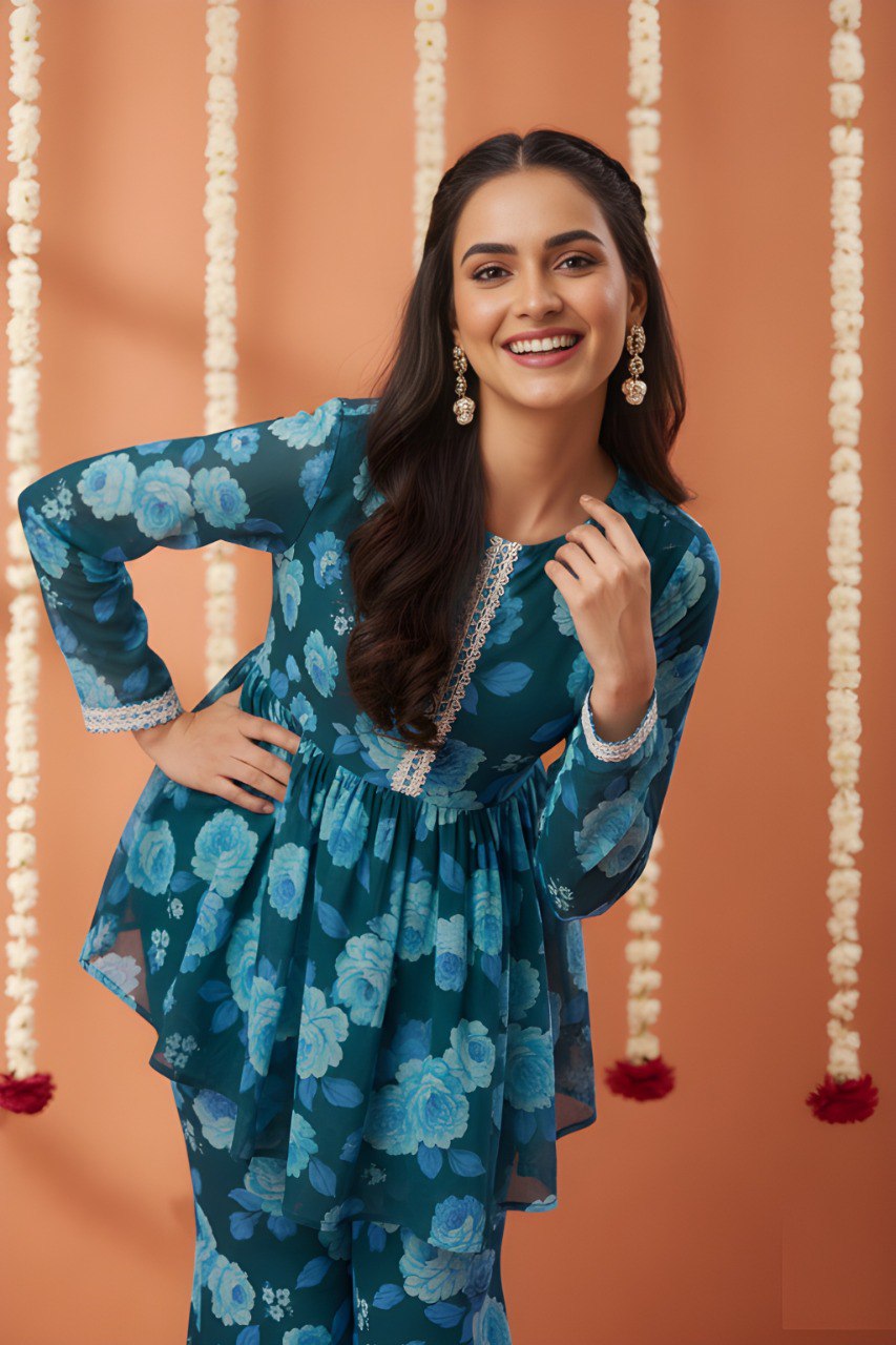 Blue printed kurta with sharara
