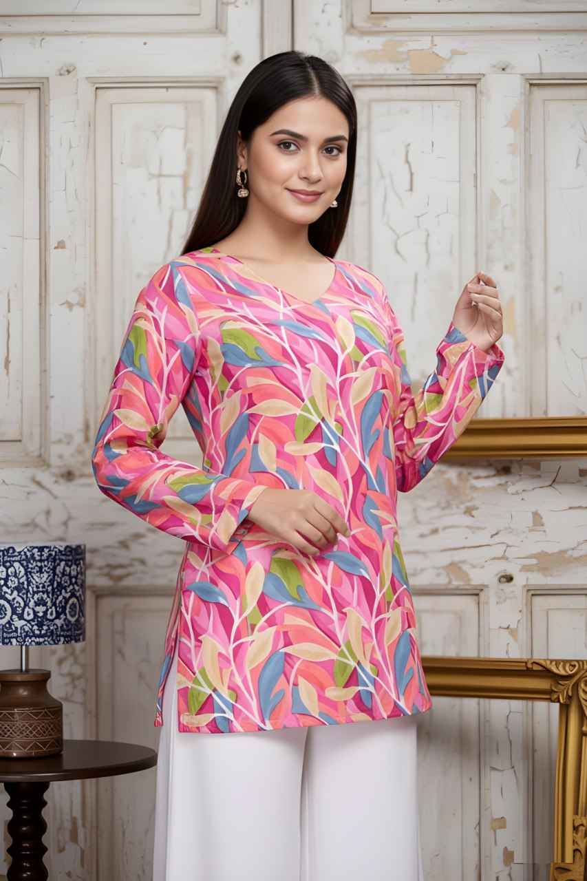 Woman Pink Print Cotton Blend Tunic & Top