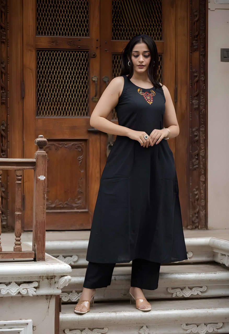 Black soft Cotton Solid Kurta Palazzo set
