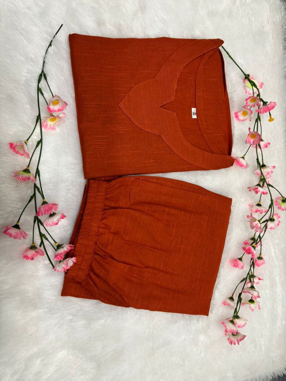 Woman Rust Orange Slub cotton co-ord set